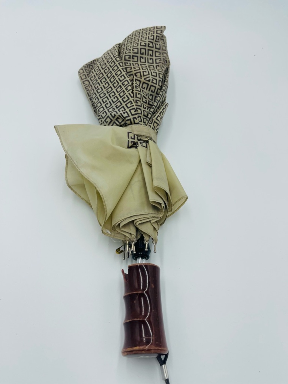 Vintage Givenchy Patterned Umbrella with Brown Wood Handle